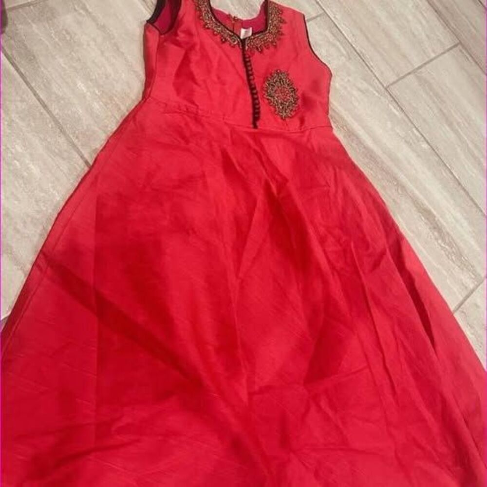 Red Sleeveless A-Line Dress with Embroidered Neckline
